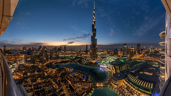 град, градски пейзаж, небостъргач, Бурж Халифа, сграда, залез, градски светлини, Дубай, HD тапет HD wallpaper