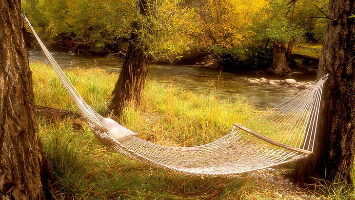 Relaxing Afternoon, trees, streamafternoon, hammock, grass, relaxing, 3d and abstract, HD wallpaper