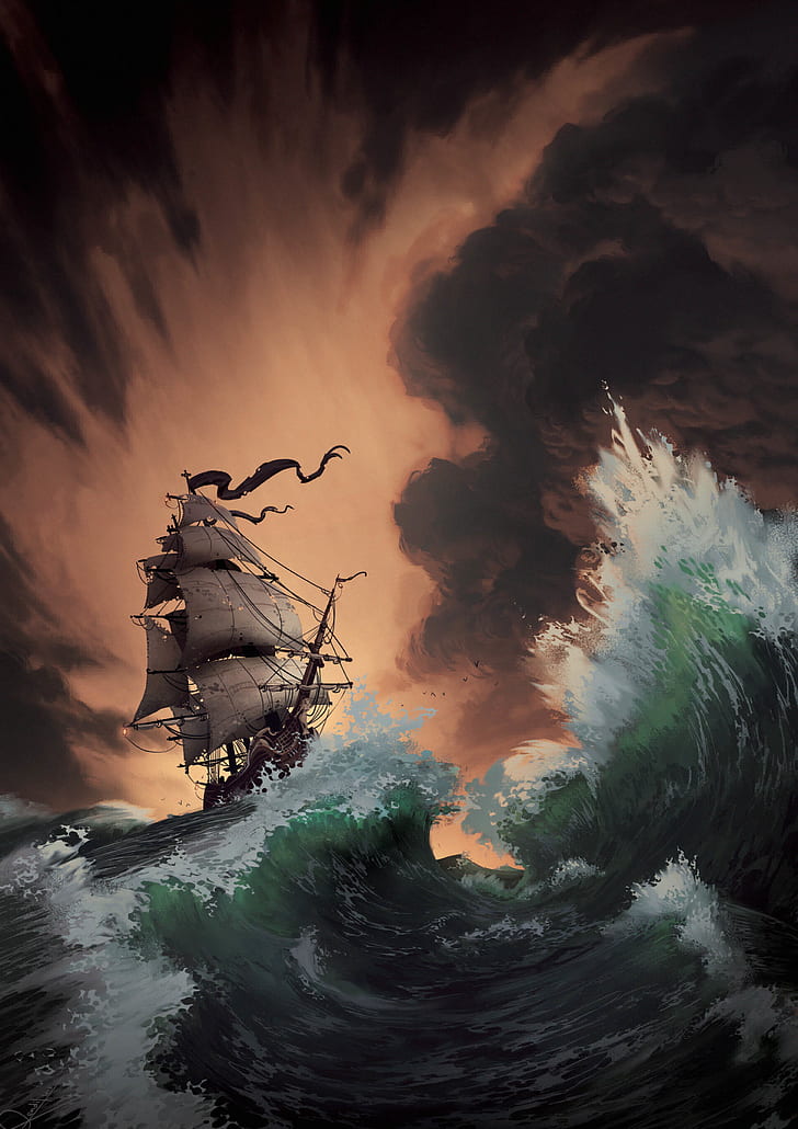 hav, storm, segelfartyg, mörka moln, konstverk, fantasi, HD tapet, telefon tapet