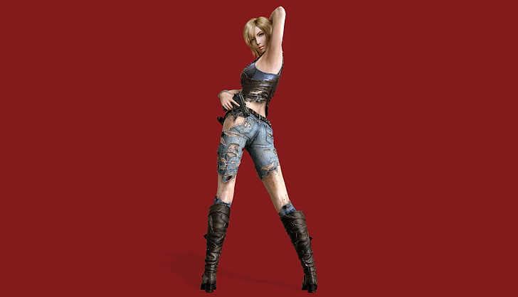 female 3D anime character illustration, look, girl, pose, the game, boots, red background, Parasite Eve, Aya Brea, The 3rd birthday, jeans. weapons, HD wallpaper