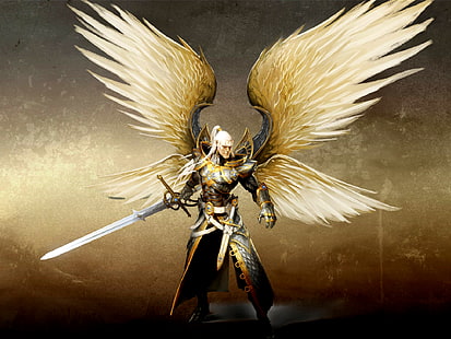 hombre con alas con fondo de pantalla de espada, ángel, Might And Magic, videojuegos, arte de fantasía, obras de arte, espada, alas, Fondo de pantalla HD HD wallpaper
