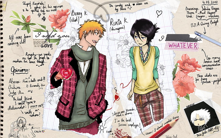 two anime characters drawing, Bleach, Kuchiki Rukia, Kurosaki Ichigo, typography, writing, pencils, paper, HD wallpaper