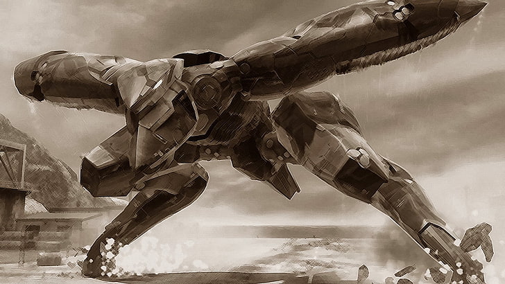 черно-белое изображение робота, Metal Gear Rising, видеоигры, Metal Gear Ray, Metal Gear Rising: Месть, HD обои