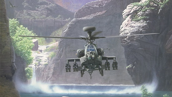 ภาพประกอบเฮลิคอปเตอร์สีเทา, เฮลิคอปเตอร์ทหาร, โบอิ้ง Ah-64 Apache, วอลล์เปเปอร์ HD HD wallpaper