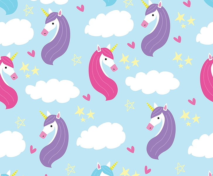 Texutre, pattern, cloud, unicorn, texture, child, paper, white, pink, blue, HD wallpaper