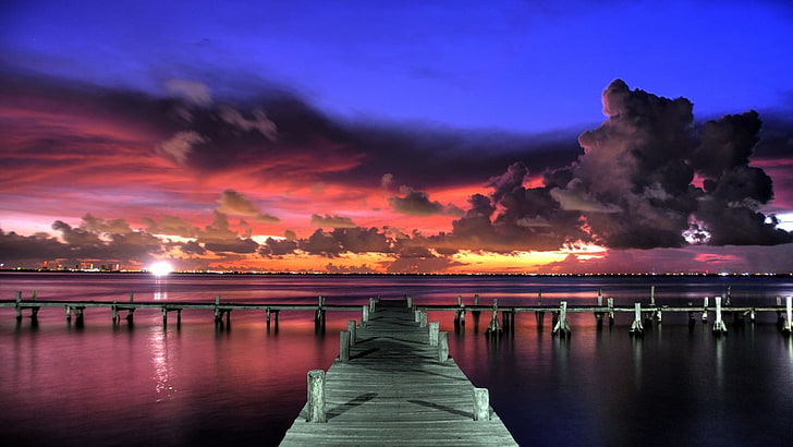 brown wooden boat dock, pier, sunset, sky, view, HD wallpaper