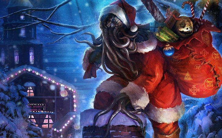 осьминог Санта Клаус обои, Рождество, кальмары, Ктулху, дед мороз, подарки, HD обои