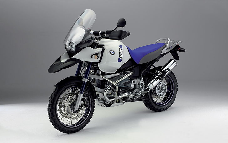 BMW R 1150 GSアドベンチャー、白と青のオートバイ、オートバイ、BMW、 HDデスクトップの壁紙