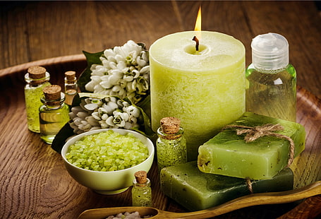 green candle, flowers, oil, candles, soap, relax, Spa, still life, salt, wellness, HD wallpaper HD wallpaper