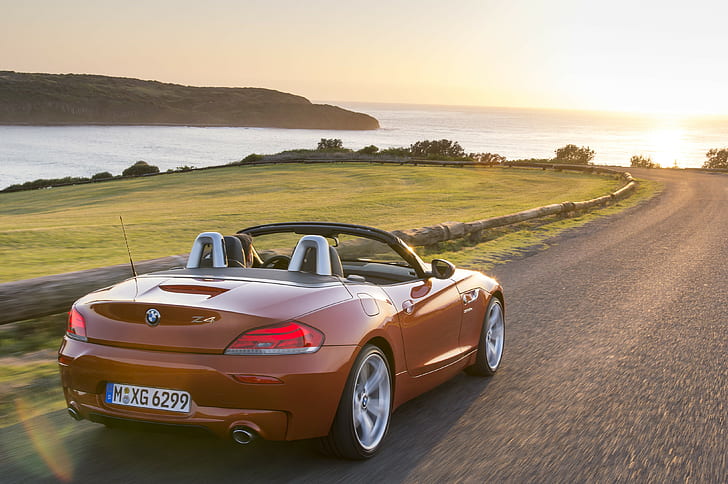 BMW, Bimmer, Z4, orange bmw convertible, sun, 2014, road, landscape, car, auto, cars, Roadster, boomer, beautiful, sports, Bimmer, sports car, Z4, BMW, sea, sunset, red, BMW roadster with no roof, hd, HD wallpaper