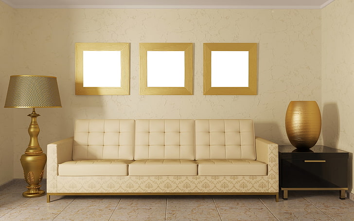 Sofá e travesseiro da sala do design de interiores, couro moderno sofá moderno de meados do século, 3 lugares, outros, sofá, quarto, interior, travesseiros, HD papel de parede