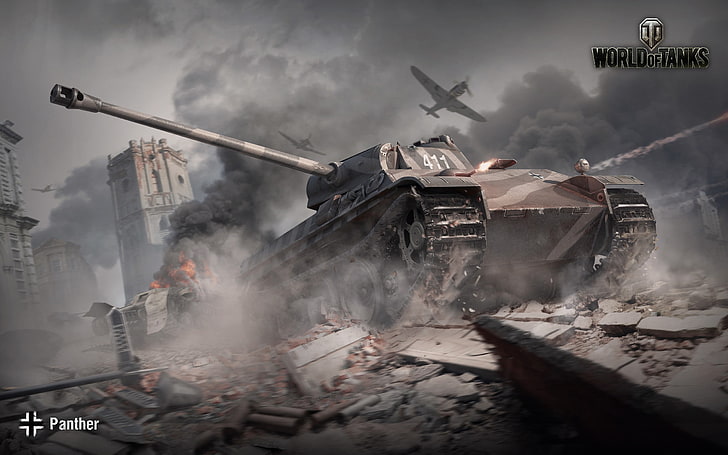 Tapeta World of Tanks, World of Tanks, czołg Panther, czołg, gry wojenne, Messerschmitt Bf 109, dym, gry wideo, Tapety HD
