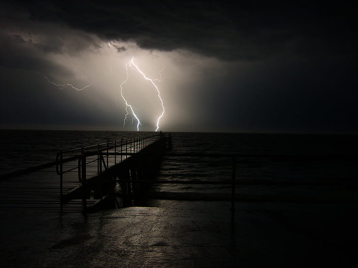 Storm Lightning Awan Gelap Air Samudera Dermaga Dermaga Hitam HD, alam, hitam, lautan, awan, air, gelap, petir, badai, dermaga, dermaga, Wallpaper HD