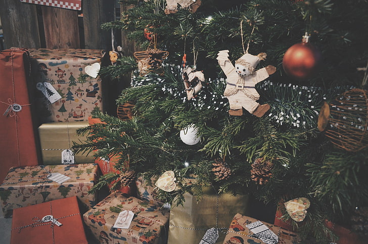 Lot de boîtes de Noël, sapin de Noël, décorations, cadeaux, noël, Fond d'écran HD