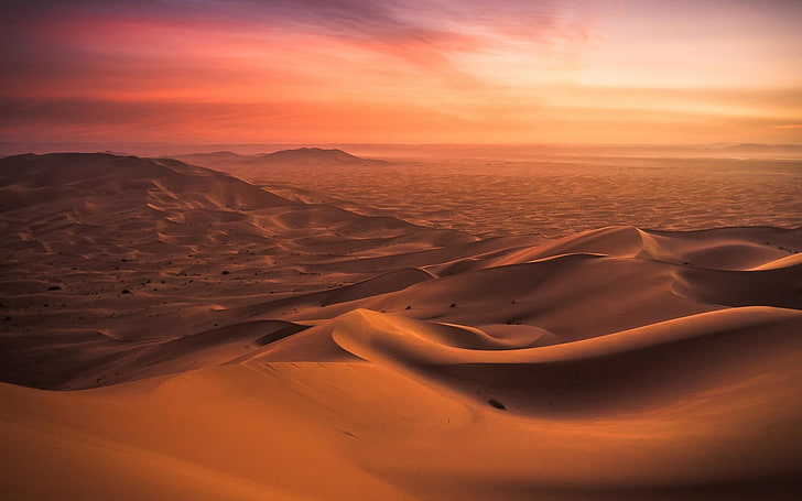 desert during golden hour, landscape, nature, Morocco, desert, dune, sunset, HD wallpaper