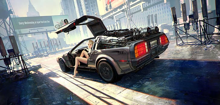 DeLorean, car, artwork, women with cars, vehicle, time travel, Time Machine, fan art, women, heels, blonde, legs, looking at viewer, silver cars, HD wallpaper