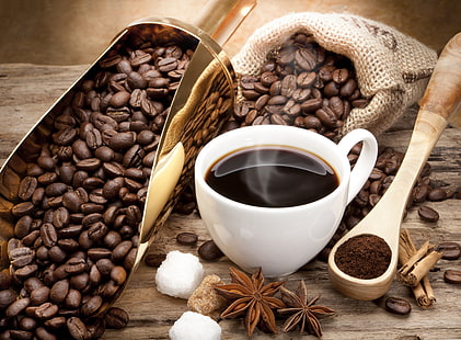 white ceramic cup and coffee beans, coffee, grain, Cup, sugar, cinnamon, HD wallpaper HD wallpaper