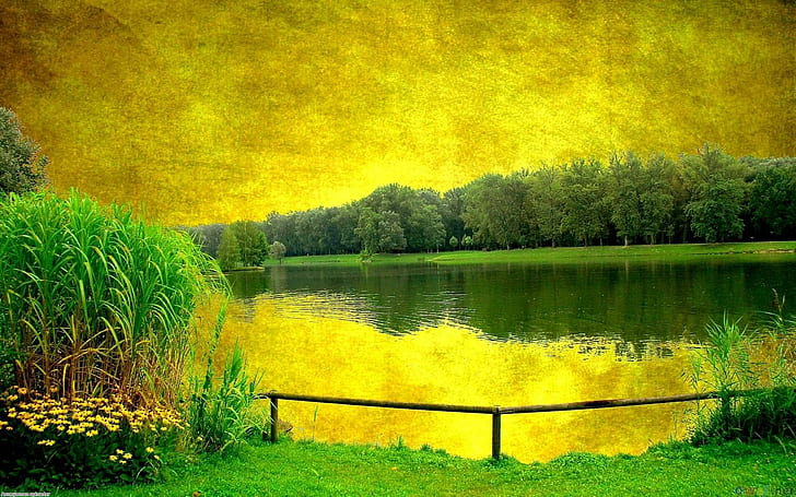 Beautiful Abstact Lscape, trees, abstract, lake, fence, 3d and abstract, HD wallpaper
