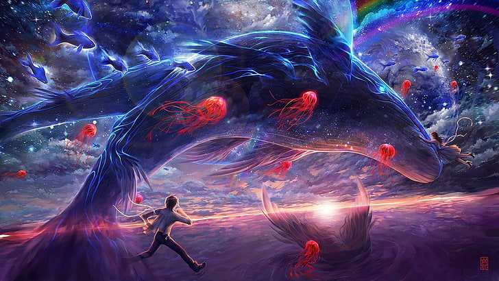 jellyfish and man wallpaper, fantasy art, digital art, whale, jellyfish, rainbows, running, fish, space, sunset, Sun, planet, landscape, 2D, HD wallpaper