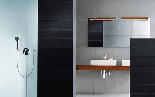 white ceramic sink, room, bathroom, glass, tile, HD wallpaper HD wallpaper