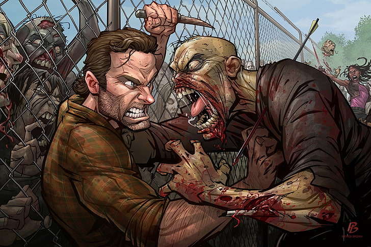 man fighting zombie illustration, zombie, art, Patrick Brown, The Walking Dead, PatrickBrown, Andrew Lincoln, rick grimes, michonne, walkers, HD wallpaper