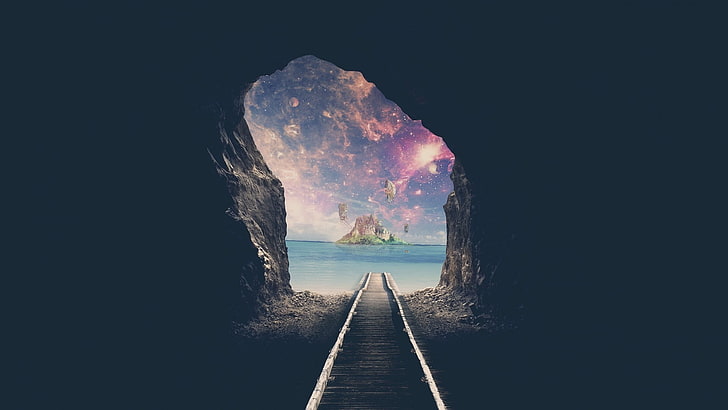 dunia fantasi, terowongan, kereta api, nebula, pulau, Fantasi, Wallpaper HD