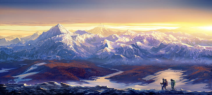 Hiking Artist Mountains Landscape, Mountain Landscape Wallpaper 4k