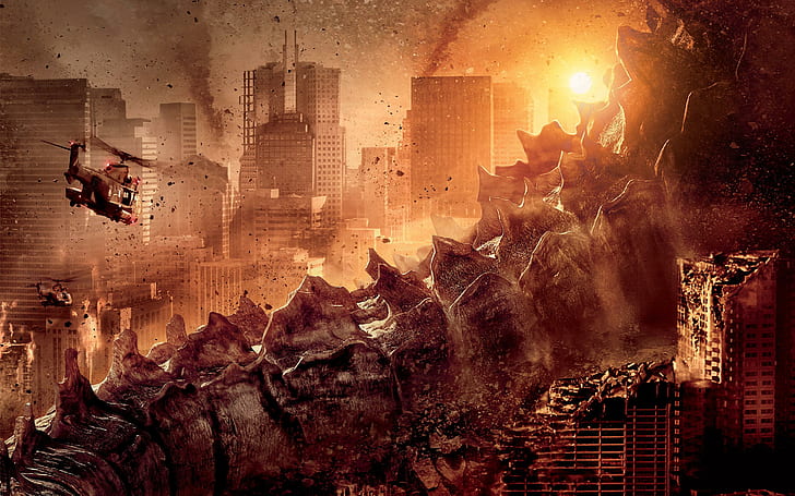 Godzilla Movie 2014, brown helicopter; high rise building wallpaper, movie, 2014, godzilla, HD wallpaper