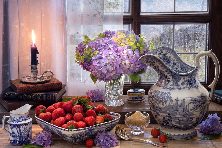 flowers, style, berries, books, candle, window, strawberry, sugar, pitcher, still life, hydrangea, HD wallpaper
