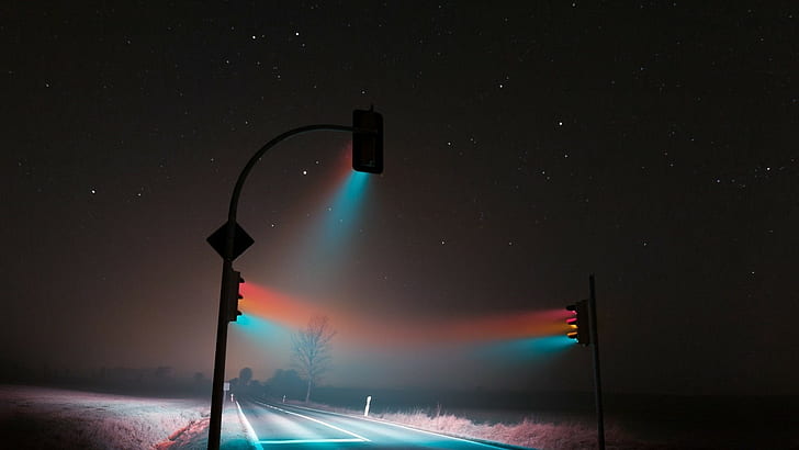 Lucas Zimmermann, night, photography, traffic lights, stars, HD wallpaper