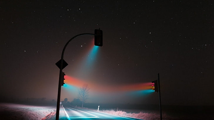 серая асфальтовая дорога, фотография, светофор, ночь, Лукас Циммерманн, звезды, HD обои