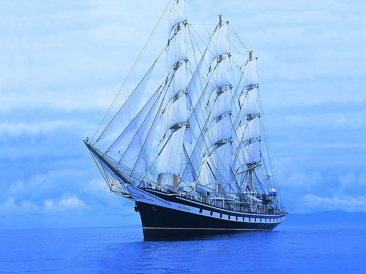 黒と白のガレオン船イラスト、青、海、船、ヨット、パラダ、 HDデスクトップの壁紙