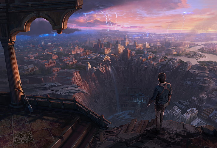 Okładka gry wideo Uncharted, ilustracja, grafika fantasy, zachód słońca, niezbadane, Tapety HD