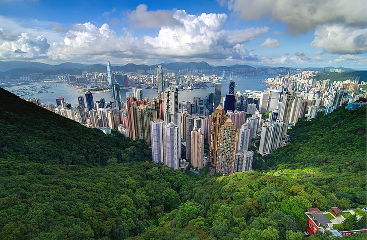 بناء منظر عين الطير ، سيتي سكيب ، المدينة ، هونغ كونغ، خلفية HD