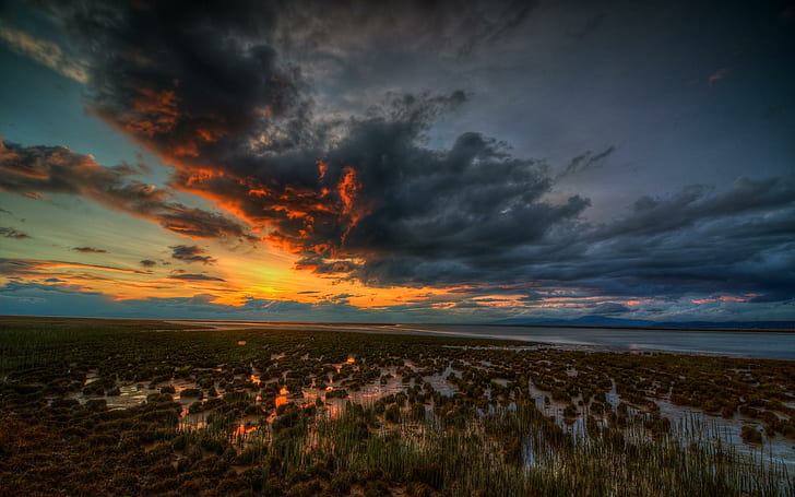 Beautiful Sunset Over Swamp, swamp, lake, sunset, clouds, nature and landscapes, HD wallpaper