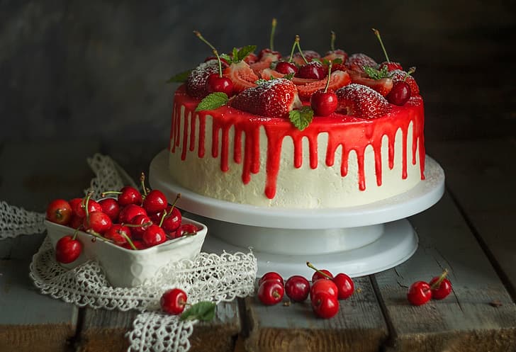 food, cake, fruit, strawberries, cherries, sweets, HD wallpaper