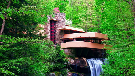 Frank Lloyd Wright, Falling Water, rock, USA, leaves, architecture, house, long exposure, nature, Pennsylvania, waterfall, forest, landscape, trees, modern, HD wallpaper HD wallpaper