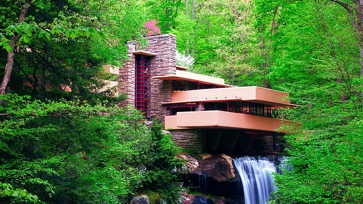 brown concrete house, nature, landscape, waterfall, long exposure, Frank Lloyd Wright, trees, forest, Falling Water, architecture, house, Pennsylvania, USA, leaves, modern, rock, HD wallpaper