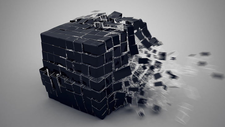 black cube wallpaper, render, abstract, simple background, cube, motion blur, shattered, digital art, CGI, HD wallpaper