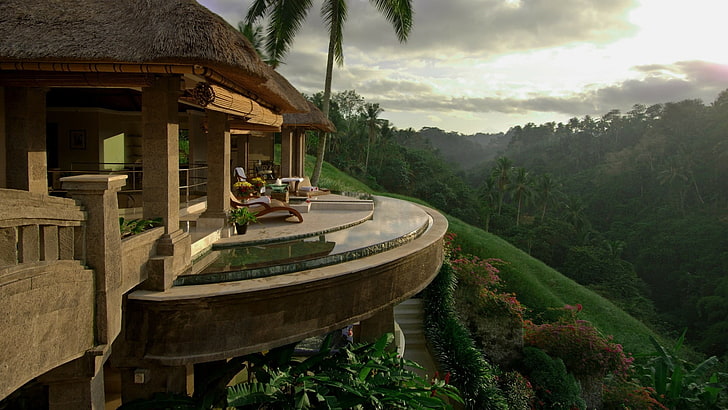 джунгли, природа, дерево, убуд, утро, пейзаж, небо, гора, Бали, Индонезия, холм, терраса, дом, HD обои