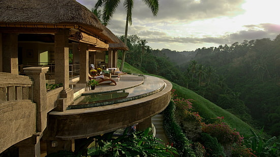 джунгли, природа, дерево, убуд, утро, пейзаж, небо, гора, Бали, Индонезия, холм, терраса, дом, HD обои HD wallpaper