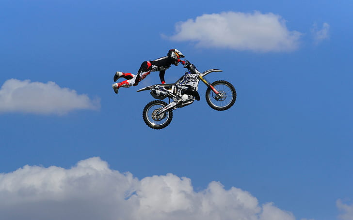 Motor Show HD, weißes und blaues Motocross-Dirtbike, Fotografie, Show, Motor, HD-Hintergrundbild