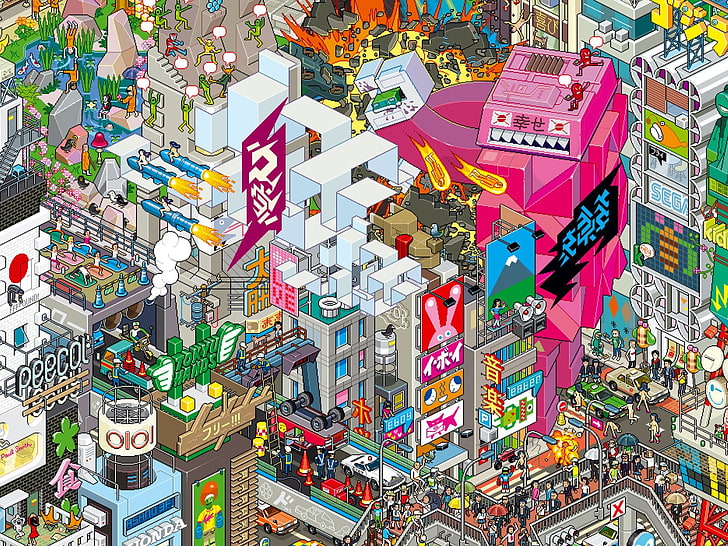 ilustracja różowych i wielokolorowych budynków miejskich, pixel art, piksele, miasto, Japonia, mech, rakieta, grafika, Tapety HD