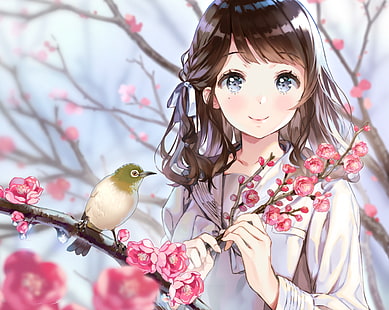 anime, anime girls, originelle figuren, lächelnd, brünett, langes haar, vögel, grafik, HD-Hintergrundbild HD wallpaper