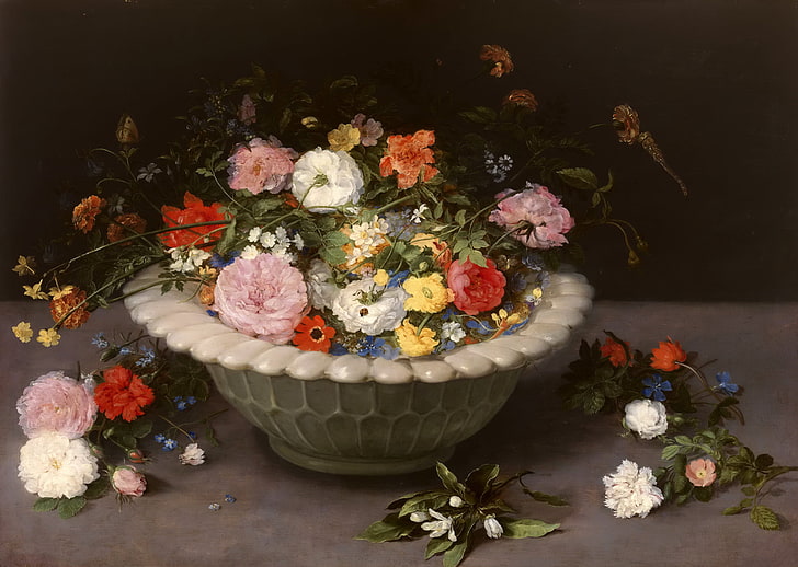 liście, płatki, wazon, Jan Brueghel starszy, Martwa natura z kwiatami, Tapety HD
