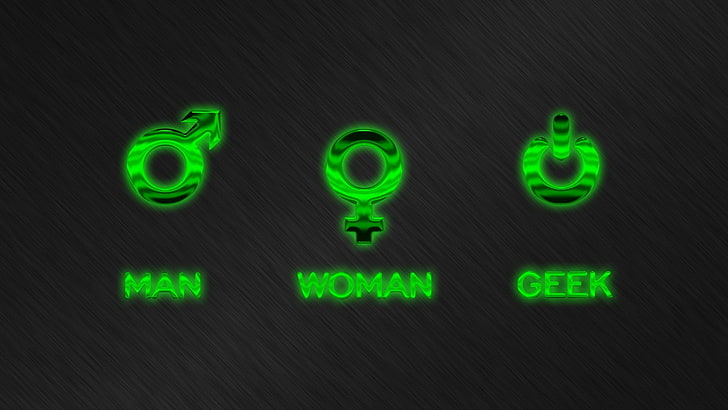 man woman geek logos, humor, geek, men, symbols, text, HD wallpaper