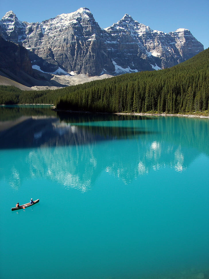 two people on boat in lake during daytime, banff national park, moraine lake, banff national park, moraine lake, Banff National Park, Moraine Lake, two people, boat, daytime, Banff  Canada, lake, nature, alberta, mountain, outdoors, water, summer, landscape, scenics, rocky Mountains, canada, canoeing, canadian Rockies, vacations, banff, mountain Range, blue, travel, reflection, HD wallpaper