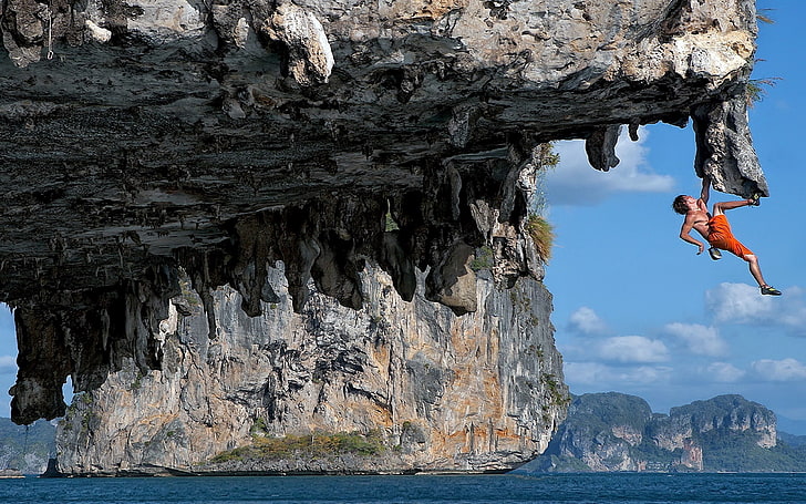 gray rock formation, cliff, climbing, HD wallpaper