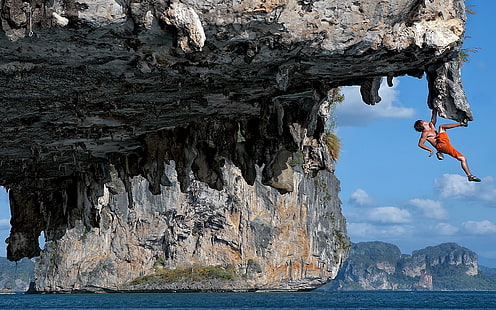 szara formacja skalna, klif, wspinaczka, Tapety HD HD wallpaper