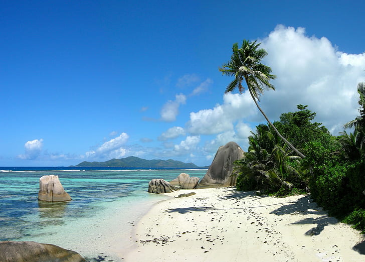 Tropic island with pal trees, tropics, sky, clouds, mountains, Sea, island, palm trees, sand, stones, HD wallpaper